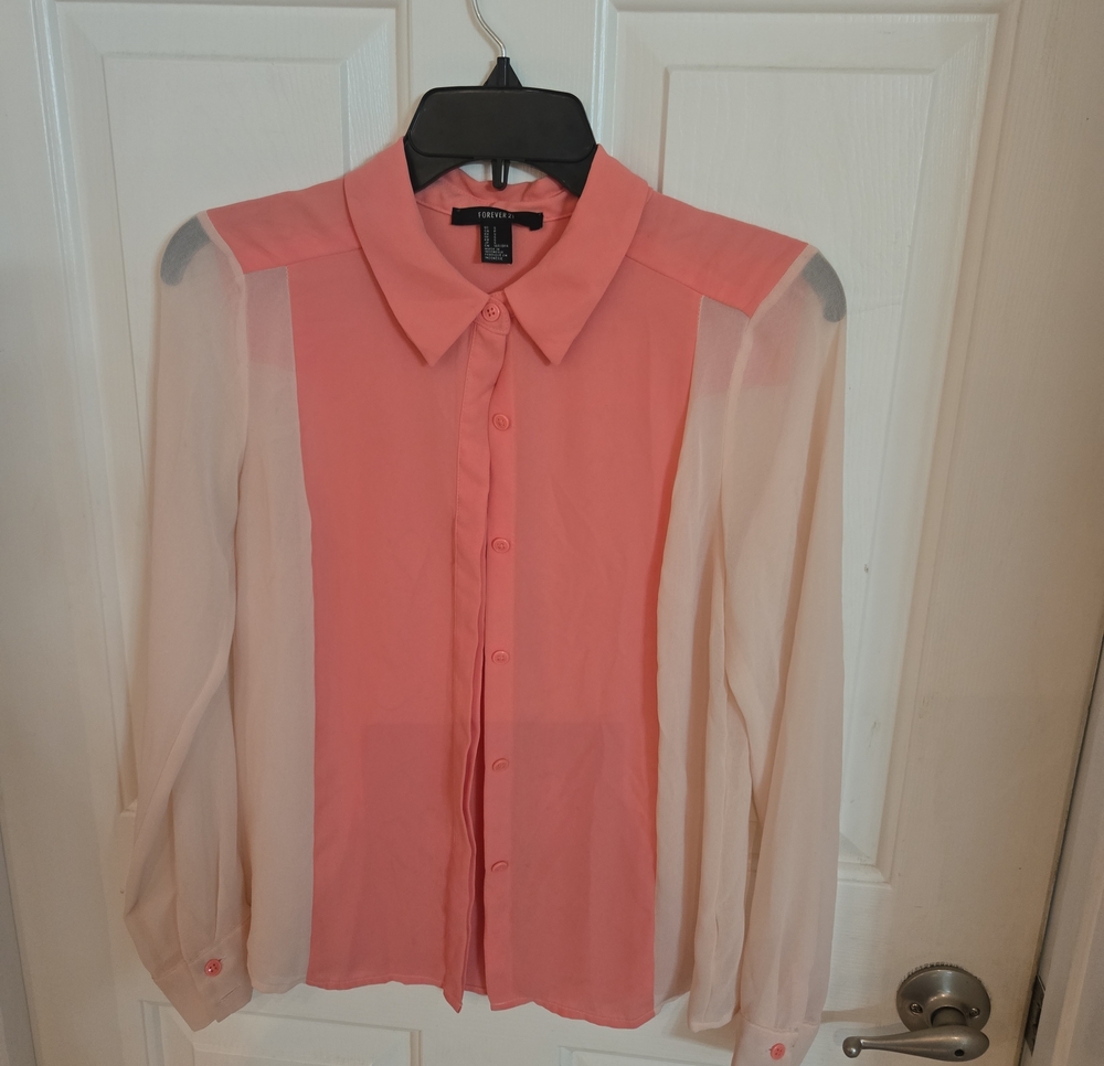 Forever 21 Coral and Cream Sheer Button-Down Blouse